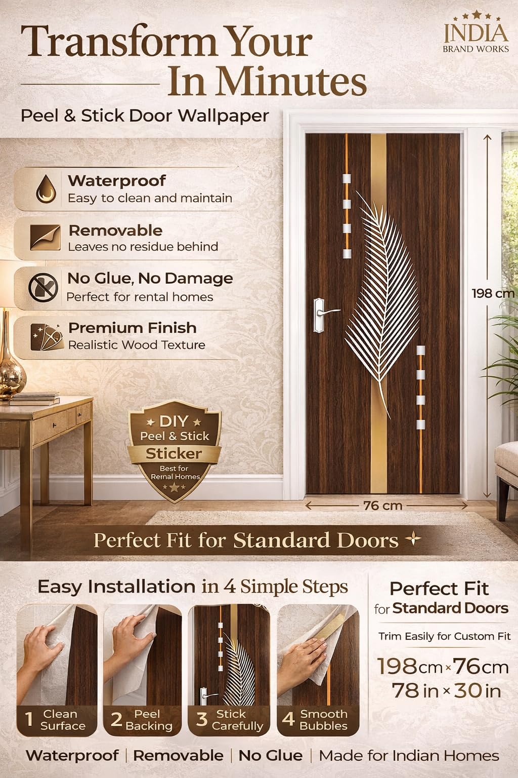 INDIA BRAND WORKS Beautiful White Leaf Door Sticker Wallpaper for Door, Almirah, Table, AC, Fridge, Self-Adhesive Vinyl Material, Waterproof, Removable (Size 30x78 Inches) 4