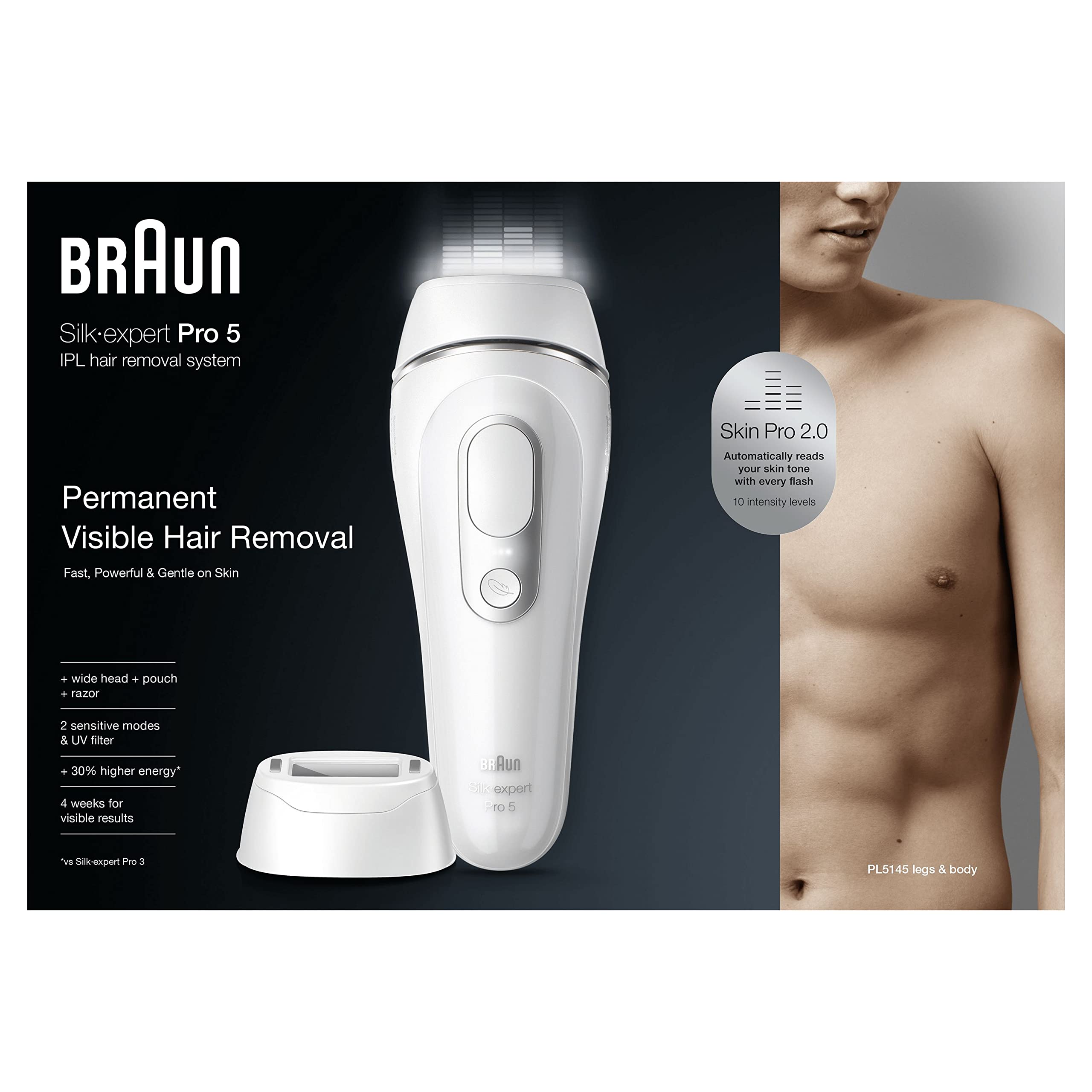 Braun Silk·expert Pro 5 PL5145 - épilateur à lumière pulsée, épilation semi-définitive à la maison, Blanc/Argent, Avec Pochette, Tête Large Et Rasoir Gillette Body