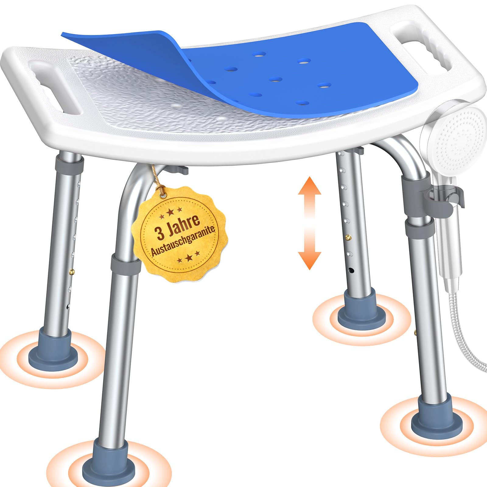 Duschhocker mit Höhenverstellung – Leichter Badehocker mit gebogenem Sitz, Rutschfester Duschsitz für Senioren, Behinderte & Schwangere, Blau