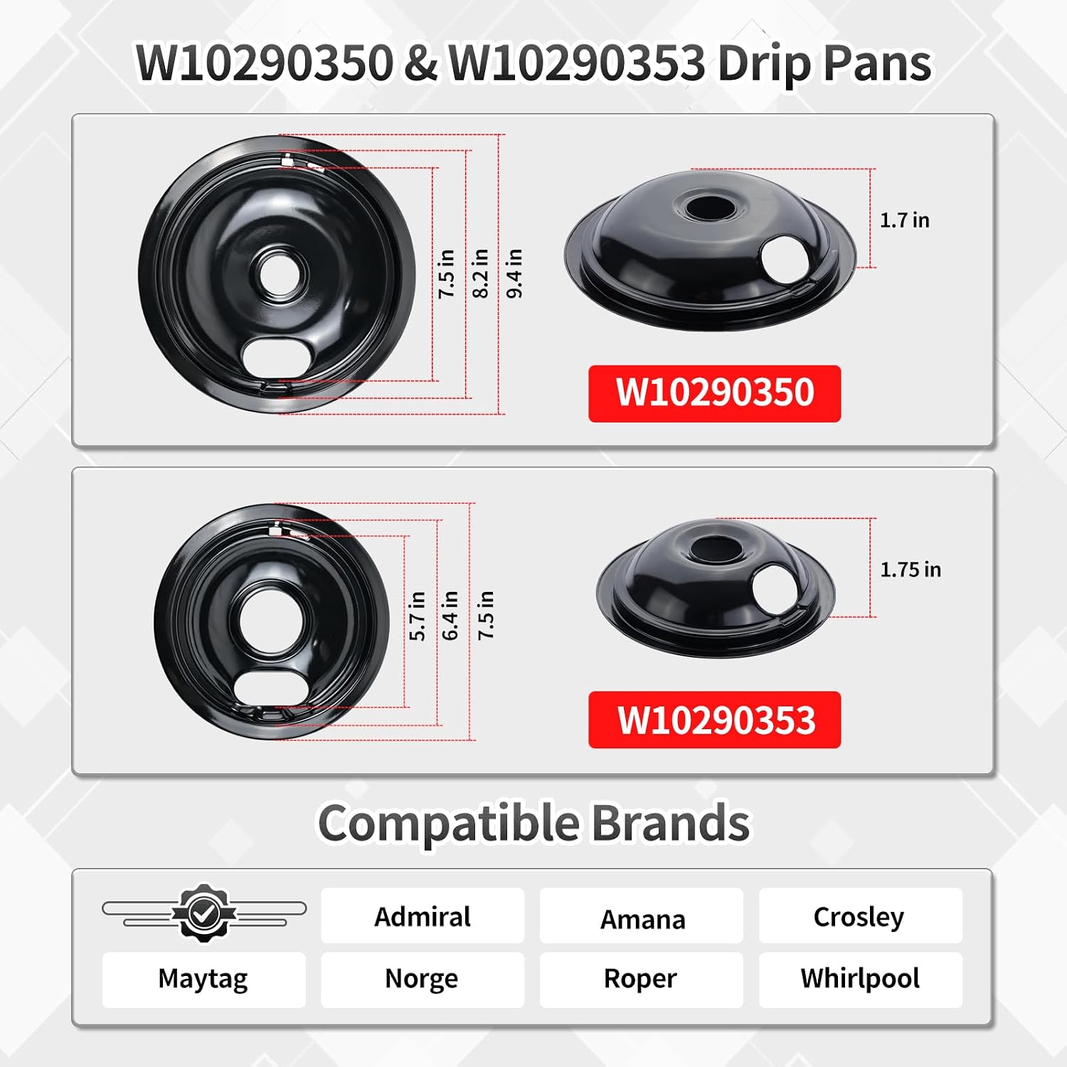 W10290350 W10290353 Porcelain Drip Pan 4-Pc Set (3×6" Black + 1×8" Cover) | for Whirlpool Range；Black Porcelain； Burner Drip Pan Bowls； Replace W10288051