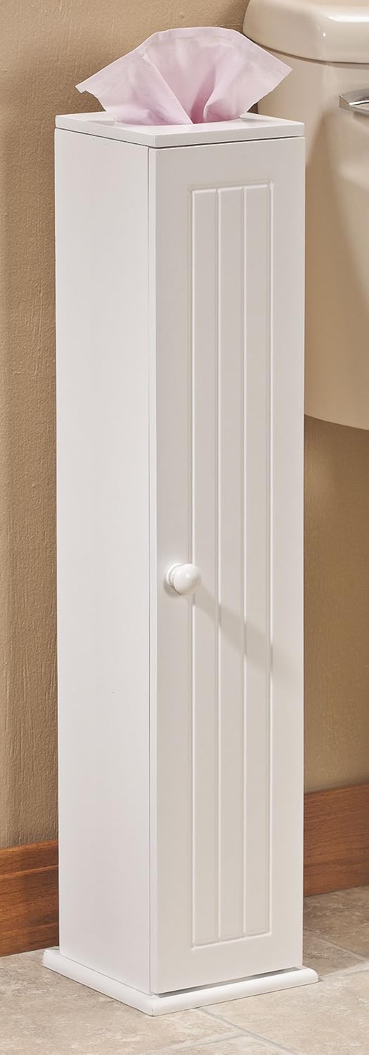 OakRidge Miles Kimball White Compact Toilet Tissue Storage Tower with 4 Shelves, 5.5” W x 27” H x 6.75” L – Holds Toilet Paper Rolls Up to 4.25” Diameter, Top Slot Provides Access to Facial Tissues