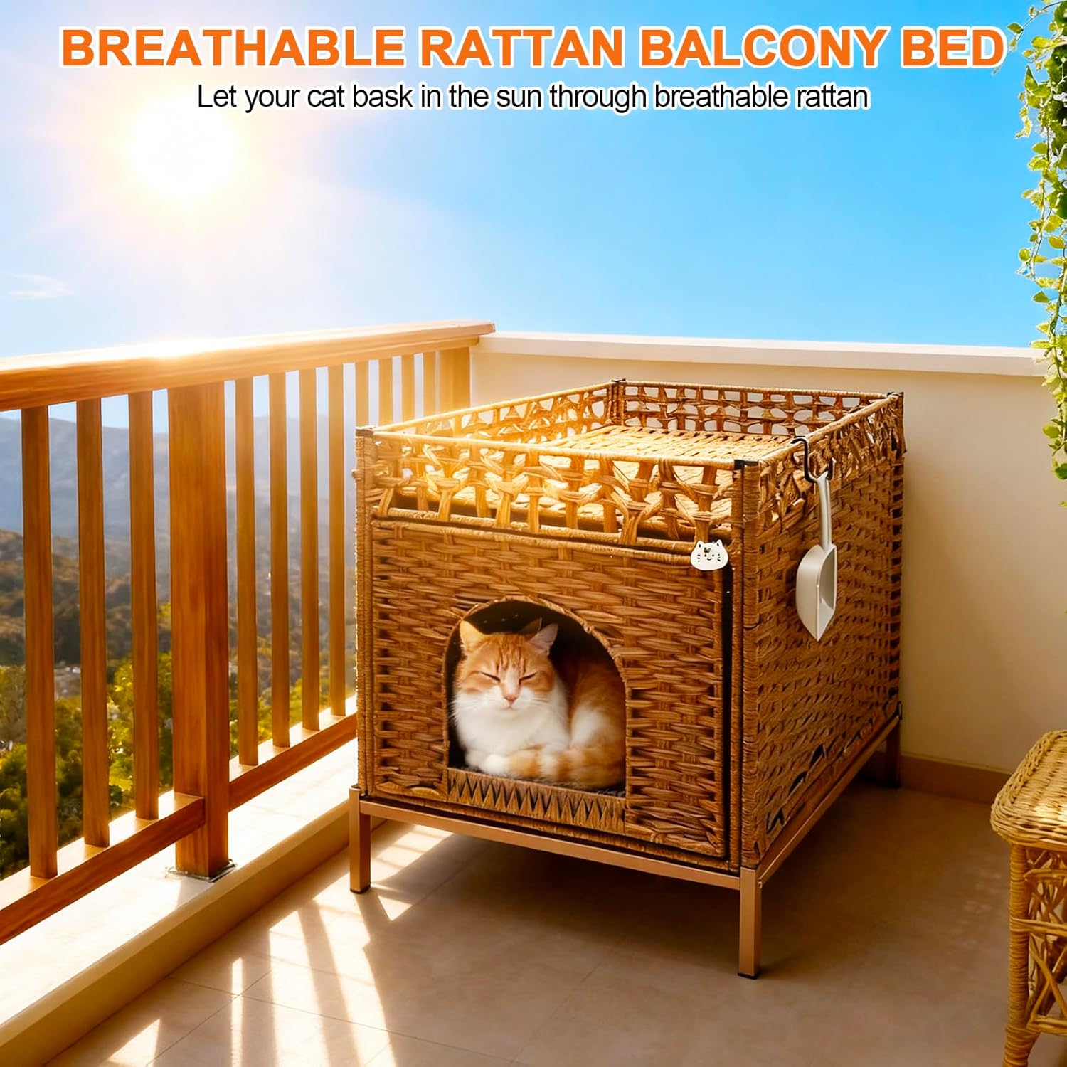 Homegroove Cat Beds for Indoor Cats, 18.5x20.5x19.1 inch Large Cat Bed Cave Cat Hideaway with Soft Litter Mat, Comfortable Handwoven Rattan Cat House Indoor for Living Room, Bedroom (Walnut)