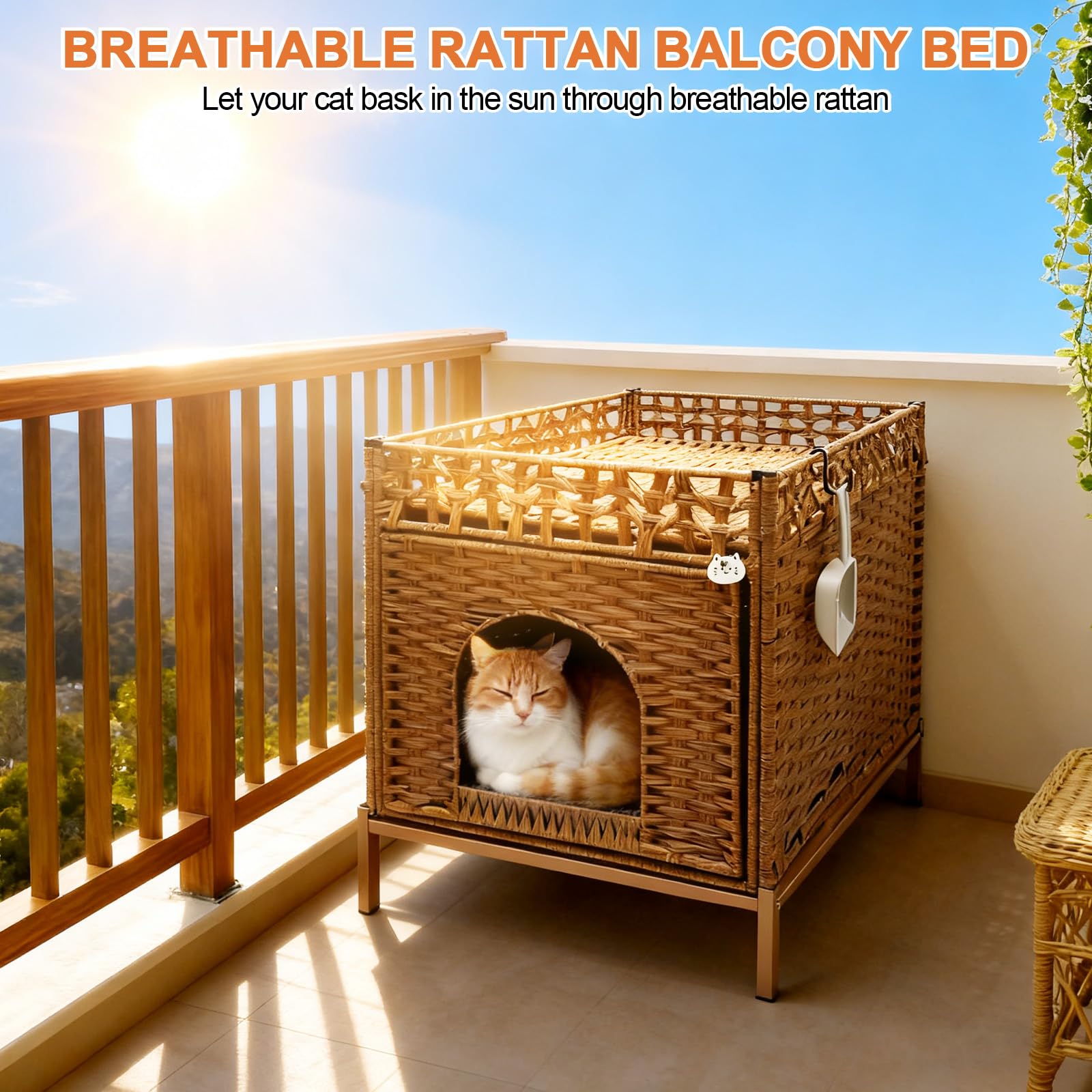Homegroove Lettiera per gatti nascosta, con tappetino morbido e recinzione, comoda cuccia in rattan intrecciata a mano, con ganci a forma di S, per soggiorno, camera da letto (noce)