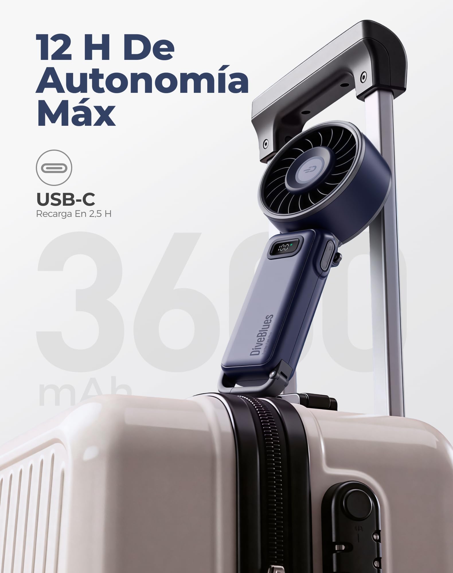 Diveblues Ventilador de Mano Turbo Portátil, 100 Velocidad, Flujo de Aire Potente de 7,4 m/s, Mini Ventilador Plegable 180° 4-en-1 para Mano, Cuello o Mesa, Recargable para Verano, Viajes y Exterior