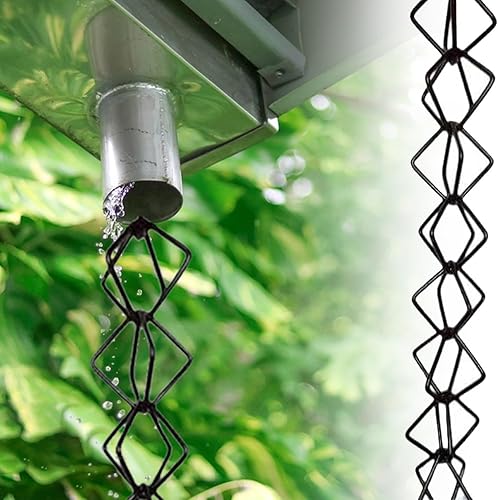 JINJIANNING Aluminum Alloy Rain Chain Rhombic Design, Adjustable Black Downspout Replacement, Outdoor Gutter Water Guide Chain with Hook(2.6m