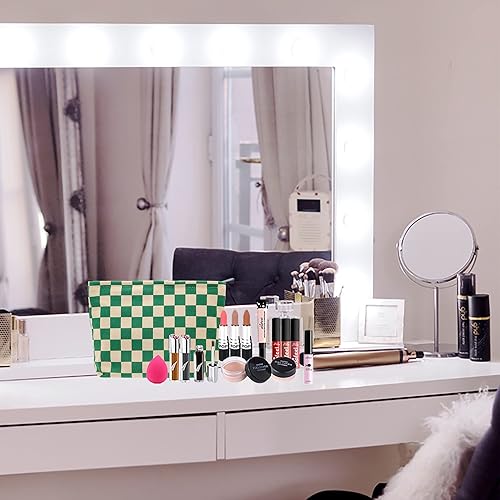 Miniatura 8 de PAZIMIIK Bolsas de maquillaje de viaje con cremallera grande, Verde a cuadros, A cuadros