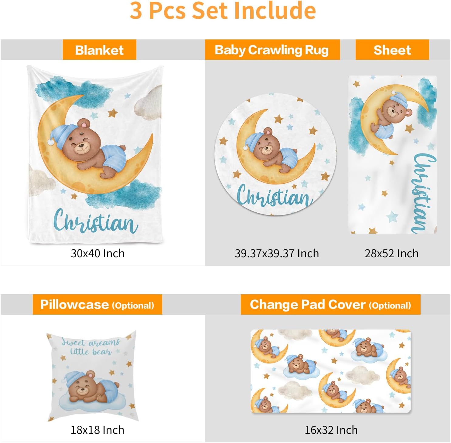 Custom Baby Crib Bedding Set - Moon Animal Personalized Name Nursery Bed 3 Pcs Set - Chic Soft Blanket, Sheet, Crawling Rug for Newborns Boys Girls Gifts Color02-Bear