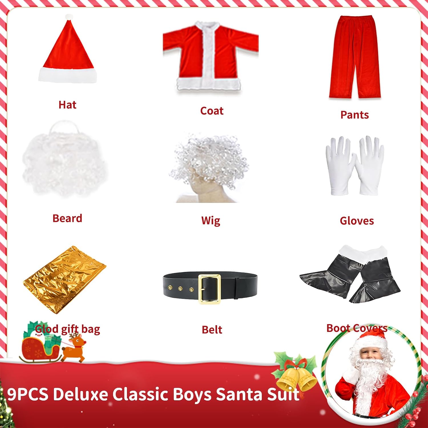 Kids Santa Costume,9PCS Santa Claus Costume for Kids, Christmas Boys Santa Costume Children's Santa Suit Outfit