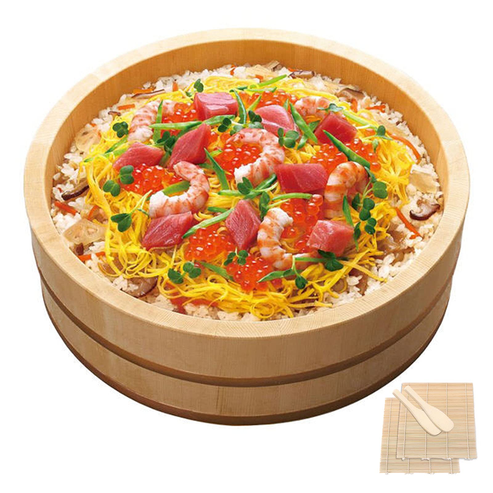 Hangiri Sushi Oke drewniana miska do mieszania ryżu z miedzianą taśmą, 5-częściowy zestaw do robienia sushi, 42 cm, japońskie akcesoria do gotowania sushi