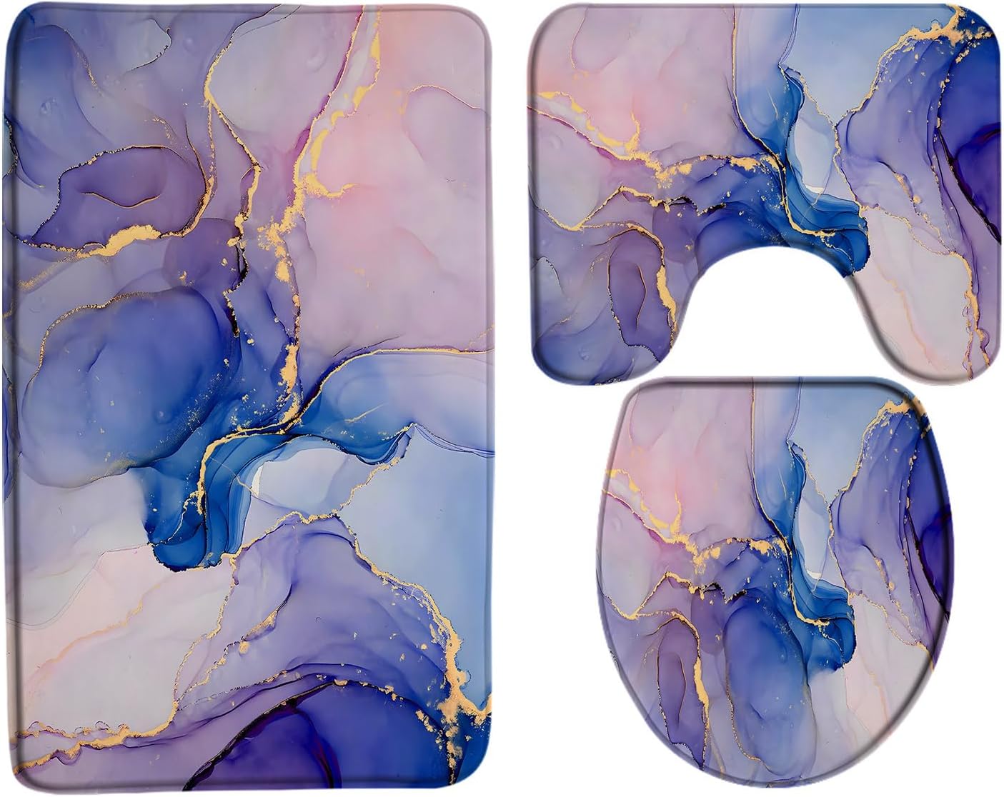 3 Piece Purple Pink Marble Bath Mat Set Modern Abstract Purple Pink Marble Texture Gold Stripes Elegant Luxury Bathroom Rug Sets,16"x24"Bath Mat,Toilet Seat Cover,U-Shaped Toilet Rug