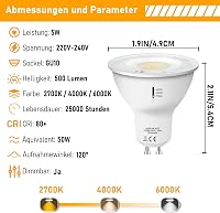 Jaenmsa GU10 LED izzó 5W 500LM dimmelhető 3 színhőmérséklet 2700K-6000K 6db 3