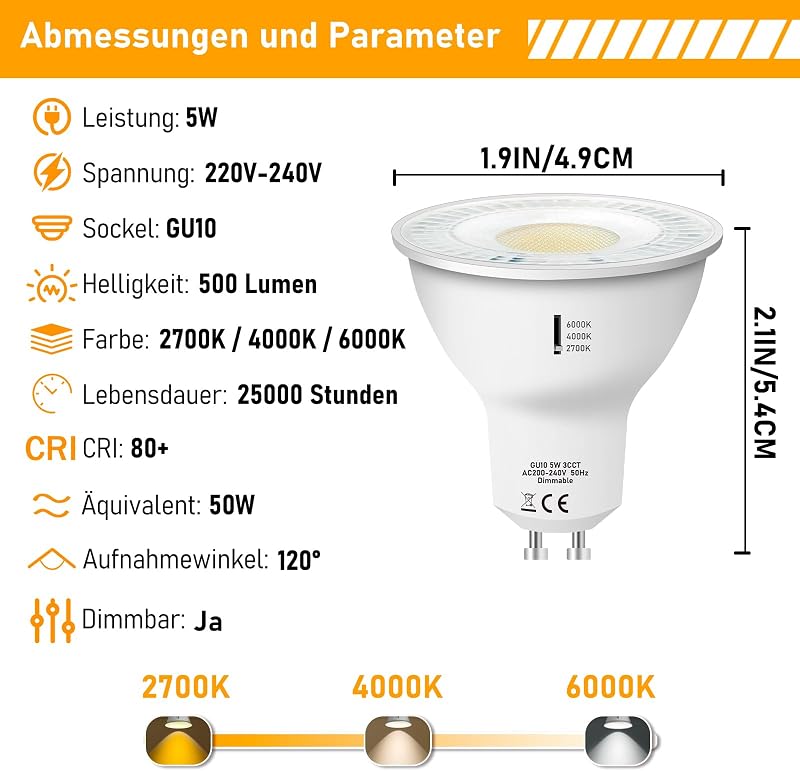 Jaenmsa GU10 LED izzó 5W 500LM dimmelhető 3 színhőmérséklet 2700K-6000K 6db