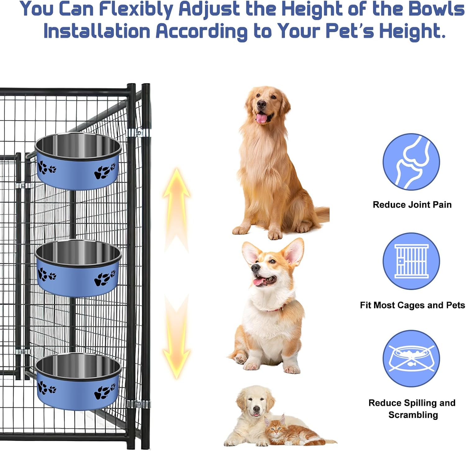 2 Pack Kennel Bowls Mountable Stainless Steel Crate Bowls for Dogs No Spill Hanging Kennel Water Feeder with Clamp Holder 2 Sizes（7.08x2.83’’,6.3x2.63’） (Blue)