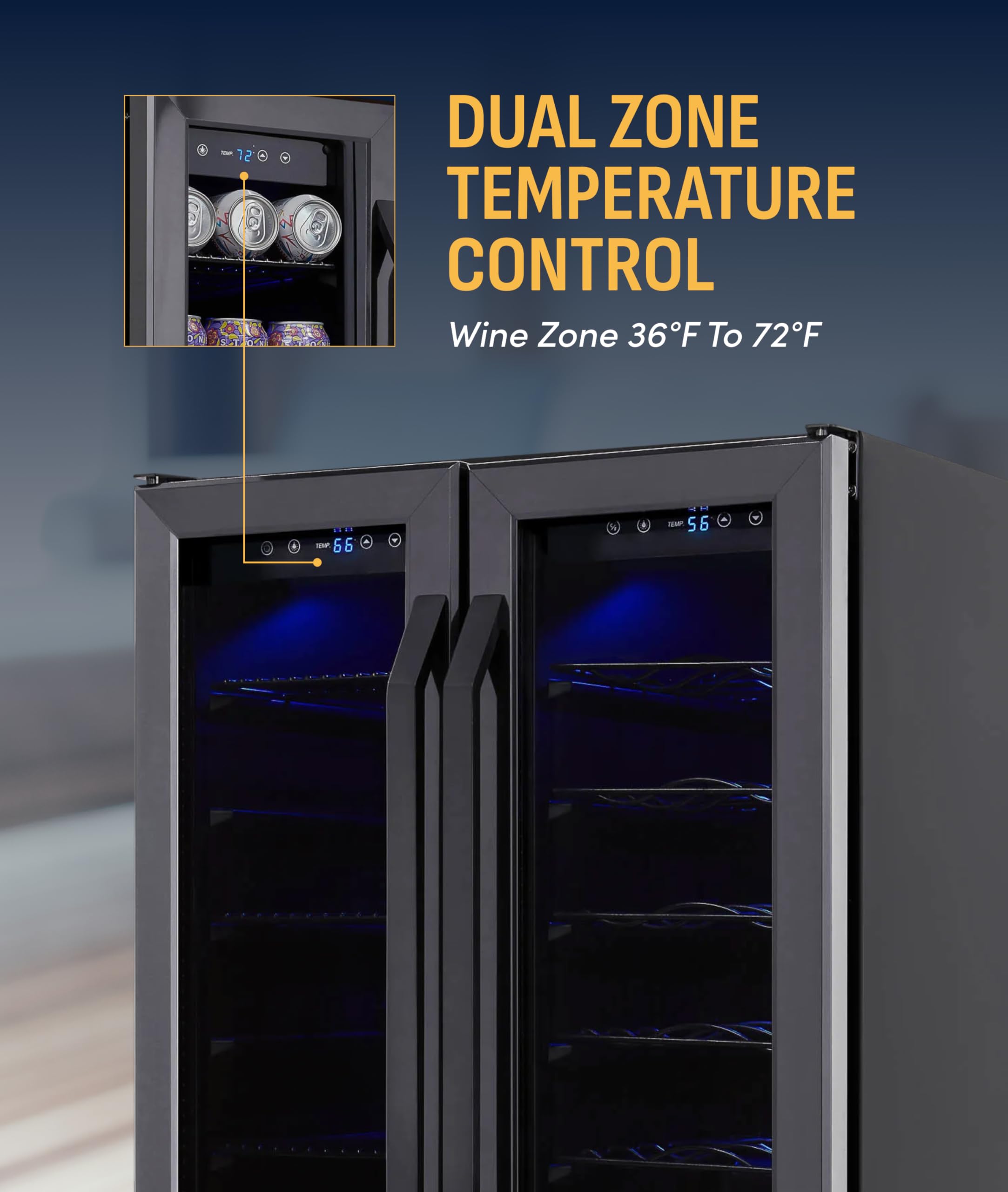 NewAir 24" Dual Zone Beverage Refrigerator & Wine Cooler For 18 Bottles & 58 Cans | Freestanding Or Built-In Under Counter Mini Fridge For Beer, Wine And Soda | Black Stainless Steel on Fridge.com - View 5