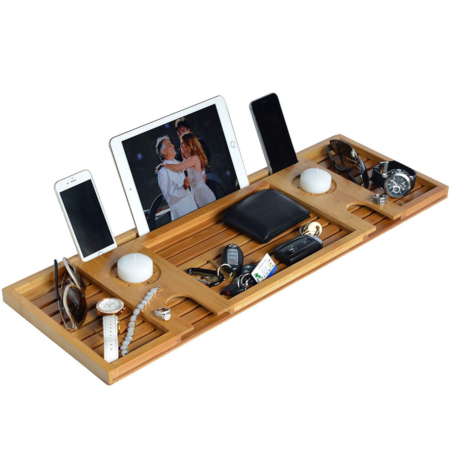 Vassoio Caddy in Vasca da Bagno in bambù, Mensola Bagno con Portasapone E Supporto iPad