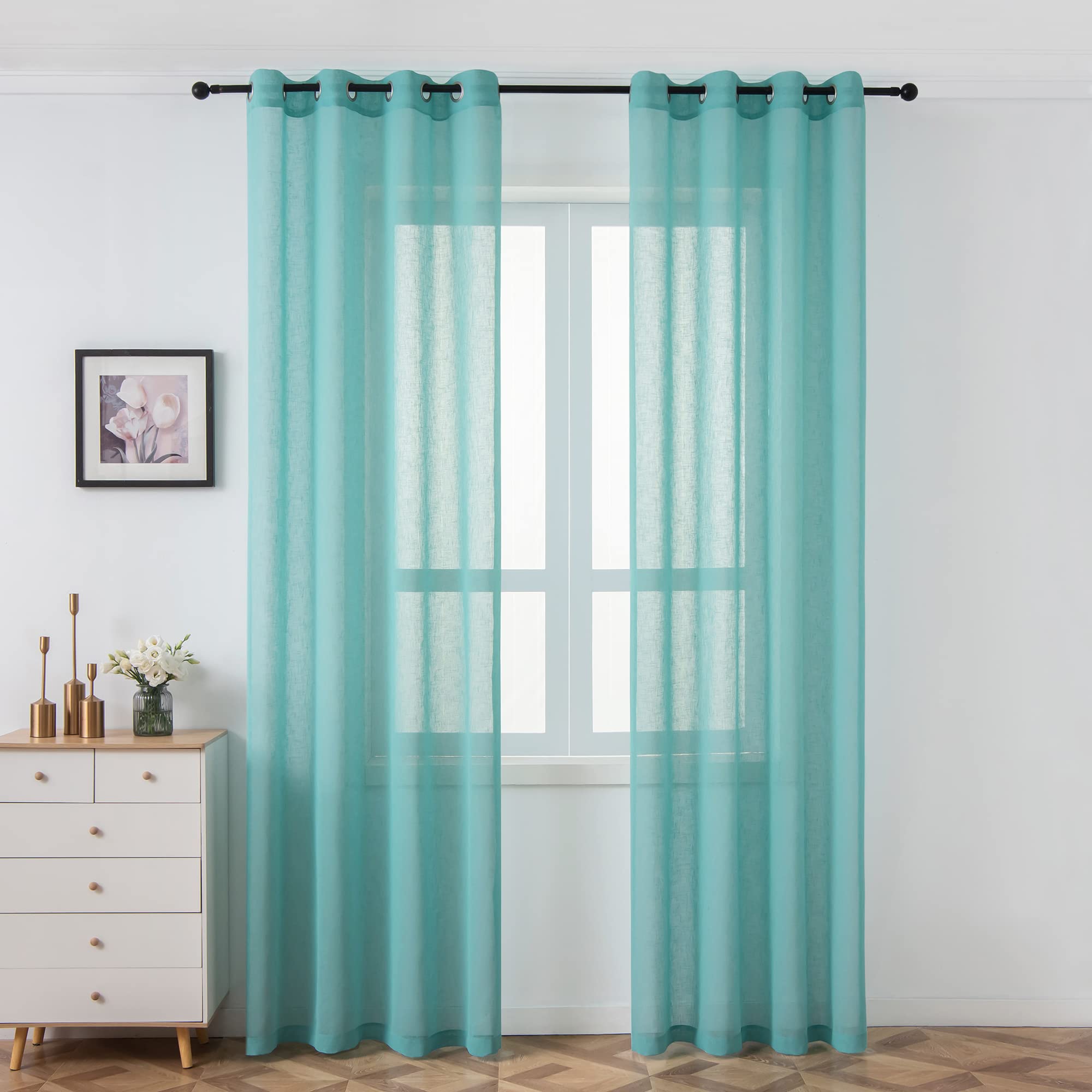 siciliano Linen Look Sheer Curtains Eyelet Semi-Sheer Curtain Panels, Textured Voile Draperies for Bedroom Living Room Solid Color, Elegant, Privacy, Light Filter, Teal, 54 x 84 Inches, 2 Panels