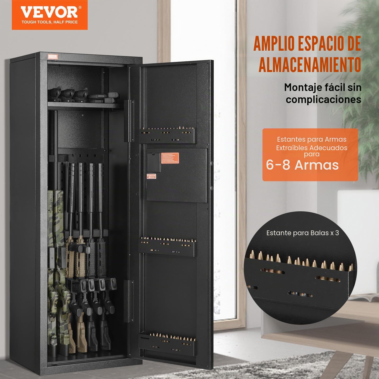 VEVOR Caja Fuerte para 6-8 Rifles con Cerradura y Teclado Digital Gabinete de Almacenamiento para Armas de Acceso Rápido con Estante Extraíble para Rifles y Escopetas para Hogar (Requiere Ensamblaje)
