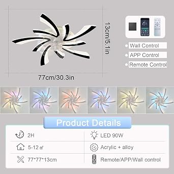 RGB Ceiling Fans with Lights and Remote Control, Modern Flower Silent Light with Fan LED Dimmable, 6 Speed DC Motor Reversible Ceiling Fans with Lamps for Bedroom Living Room-Black