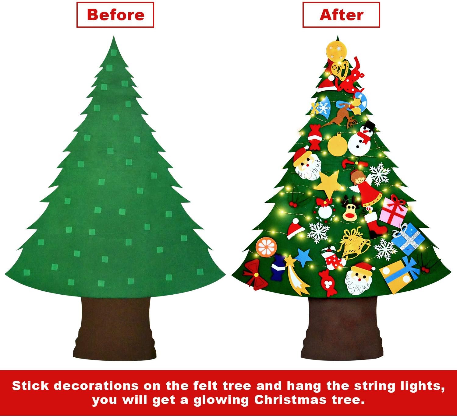 Felt Christmas Tree Set with 35 Pcs Detachable Ornaments Wall Hanging Decor&16ft 50LED String Light, DIY Wall Christmas Tree for Kids Toddlers Christmas New Year Xmas Gifts Christmas Decorations