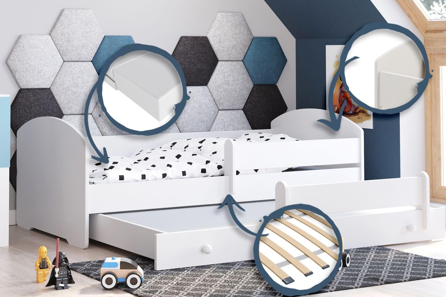 KOBI Cama Niño LUK Blanco 180x80 | Una cama para una habitación infantil y adolescente | Cajón, barrera de seguridad y colchón Incluido |