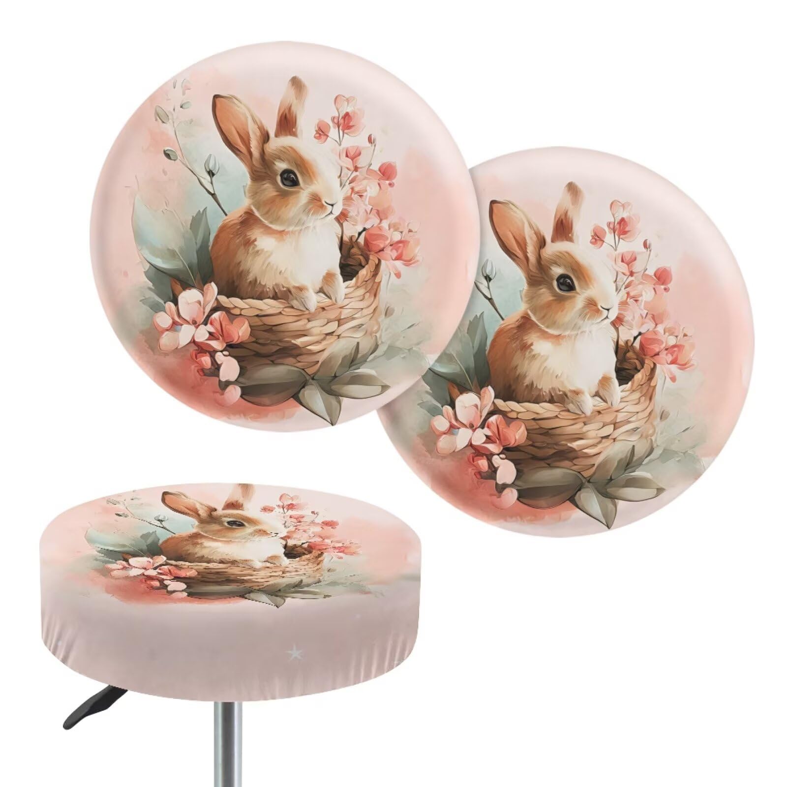 Wanyint Bar Stool Covers Round, 2 Pack Stretch Circle Stool Slipcover 12-14 Inch Irish Round Stool Slipcovers for Coffee Bar Office Easter Decor, Watercolor Bunny Flower Basket โ image 1