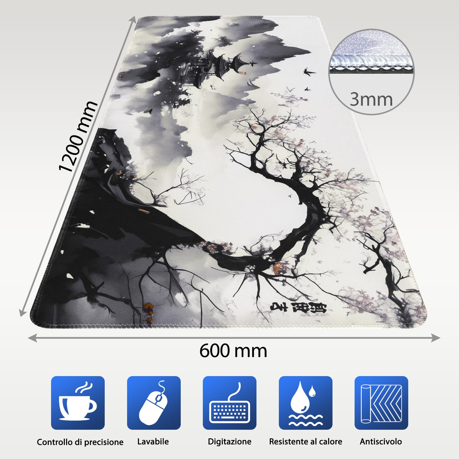 Niviy Tappetino Mouse XXL,1200x600x3mm Tappetino per Mouse con Motivo di pittura a inchiostro,Mouse pad da gaming in gomma antiscivolo di grande dimensione per tavolo, computer desktop