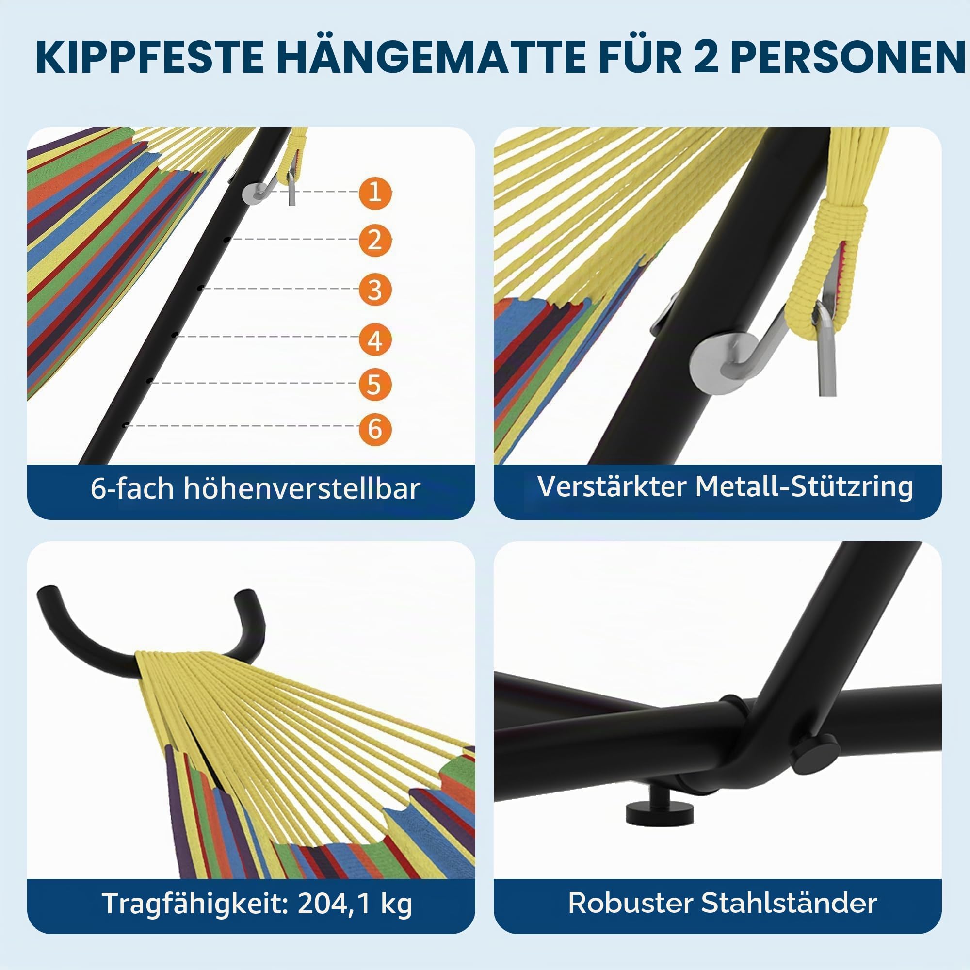 XXXL-Doppel-Hängematte mit verstärktem Stahlgestell | Belastbar bis 230 kg, Verstellbare Aufhängung, Faltbarer Rahmen, Inklusive Tragetasche