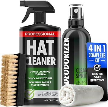 4-in-1 Professional Hat Cleaning Kit - Removes Dirt and Stains, Gentle Hat Cleaner for Baseball Caps, Fitted Cowboy, Felt Hats, Complete Hat Cleaner with Hat Deodorizer, Brush & Microfiber Cloth