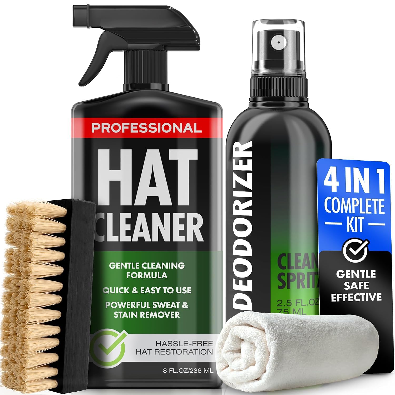 4-in-1 Professional Hat Cleaning Kit - Removes Dirt and Stains, Gentle Hat Cleaner for Baseball Caps, Fitted Cowboy, &amp; Felt Hats, Complete Hat Cleaner with Hat Deodorizer, Brush &amp; Microfiber Cloth