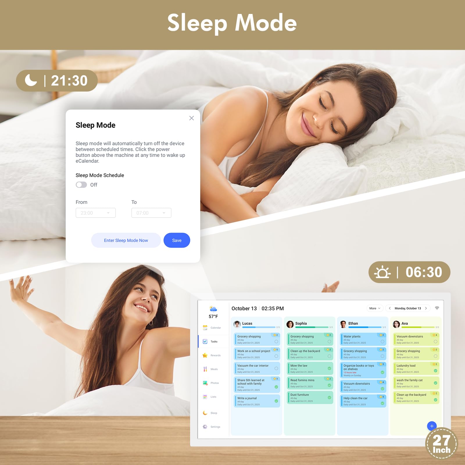 Calendrier numérique pour planificateur de repas familial – Écran tactile interactif de 68,6 cm – Calendrier intelligent pour liste de choses à faire en famille, double WiFi, synchronisation