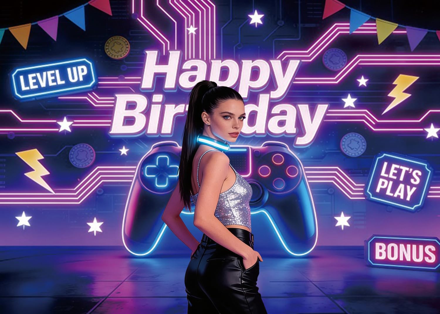4,5x3m Sfondo Compleanno Gaming "Level Up" Controller Neon Accenti Arte Pixel "Buon Compleanno" Tema Gamer Festa Cyberpunk Accessori Studio