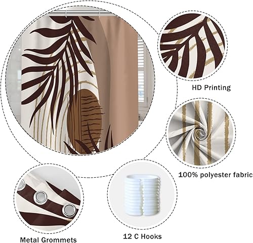 Miniatura 5 de Cortina de ducha abstracta de mediados de siglo, estilo bohemio, con hojas de eucalipto, marrón y beige, con ganchos, tela impermeable, de