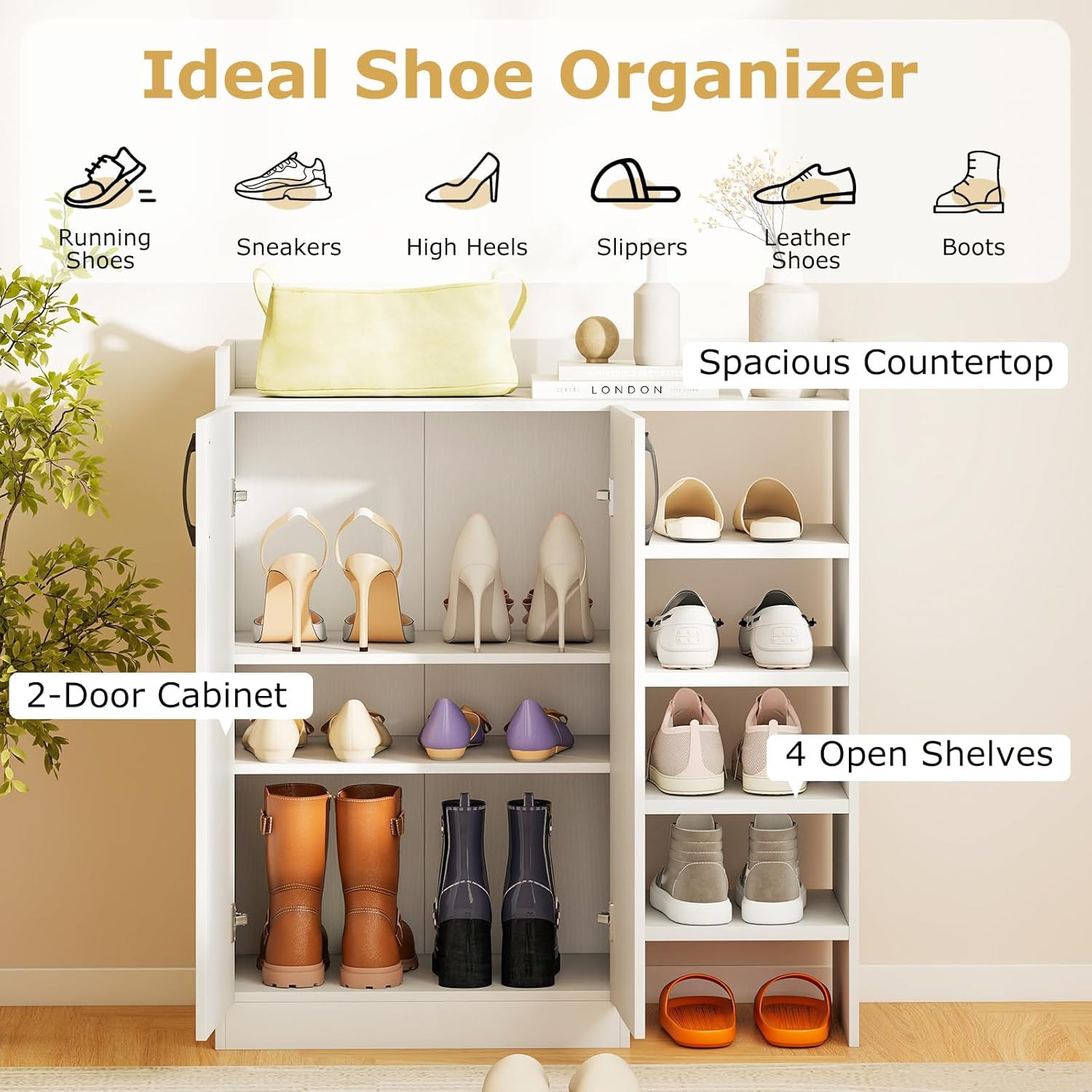 LOKO Shoe Cabinet with 2 Doors, Shoe Storage Organizer with 2 Adjustable Inner Shelves & 4 Open Shelves, Modern Freestanding Wooden Rack for Entryway, Hallway, Living Room, Closet