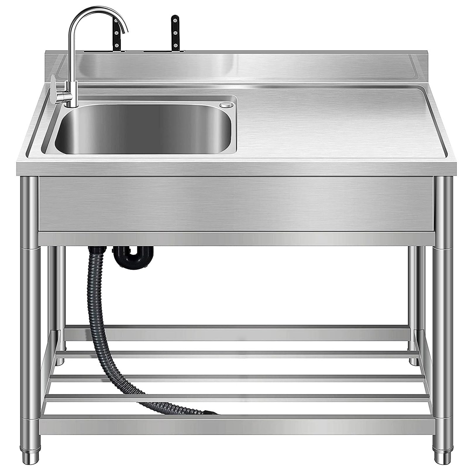 WIQUYBML Free Standing Commercial Restaurant Kitchen Sink Set Stainless Steel Single Bowl Utility Sink,Outdoor with Cold Water Pipe Washing Hand Basin Laundry w/Workbench & Storage Shelves 100cm