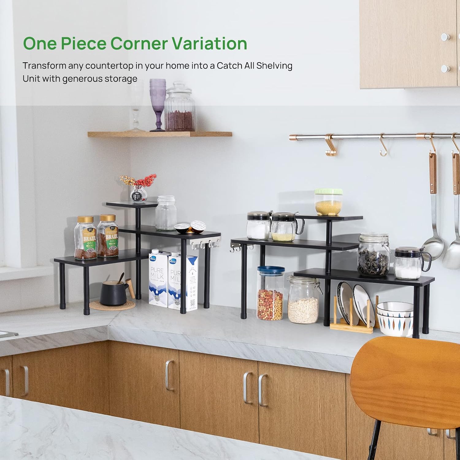 Ollieroo Kitchen Counter Shelf Organizer, 3 Tier Corner Shelf Bamboo Bathroom Countertop Organizer with Hooks, Space Saving Makeup Organizer Spice Rack Corner Plant Shelf