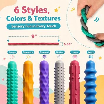 Textured Silicone Fidget Sticks 6 Pack Quiet Desk Toys for Adults Kids