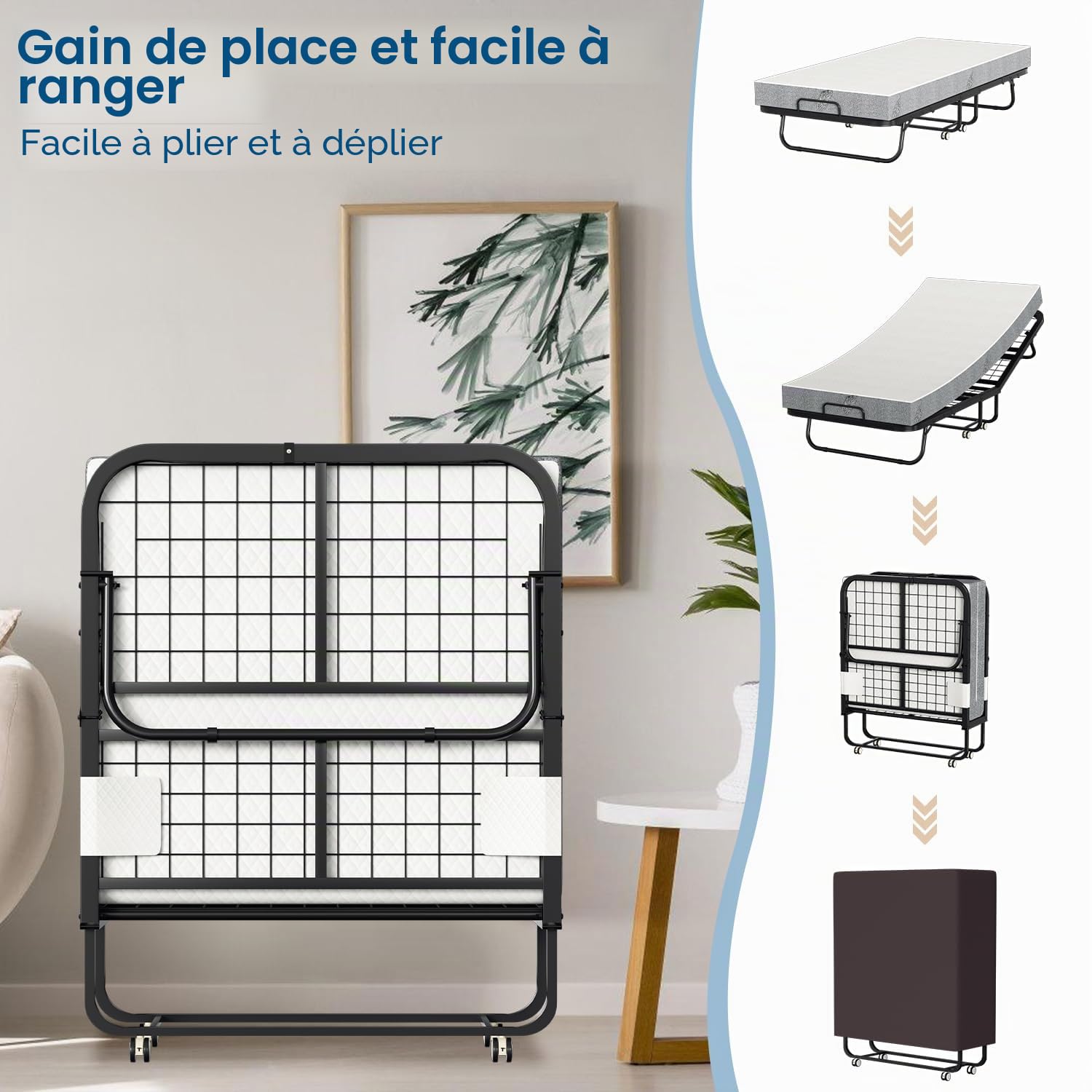 ISOSIL Lit pliant 90 x 200 cm Lit d'appoint avec cadre de lit pliable en métal et matelas en mousse de 13 cm Charge maximale 200 kg