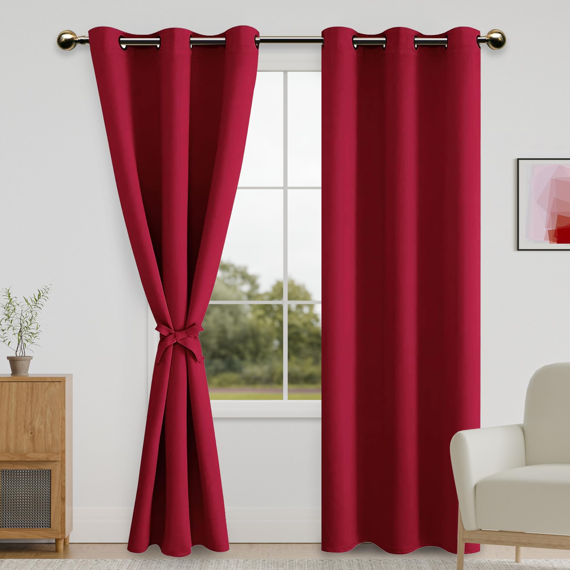 DWCN Blackout Curtains with Tiebacks - Christmas Thermal Insulated Privacy Protection Grommet Window Curtains for Living Room Bedroom, 42 x 84 inches Long, Red, 2 Drape Panels