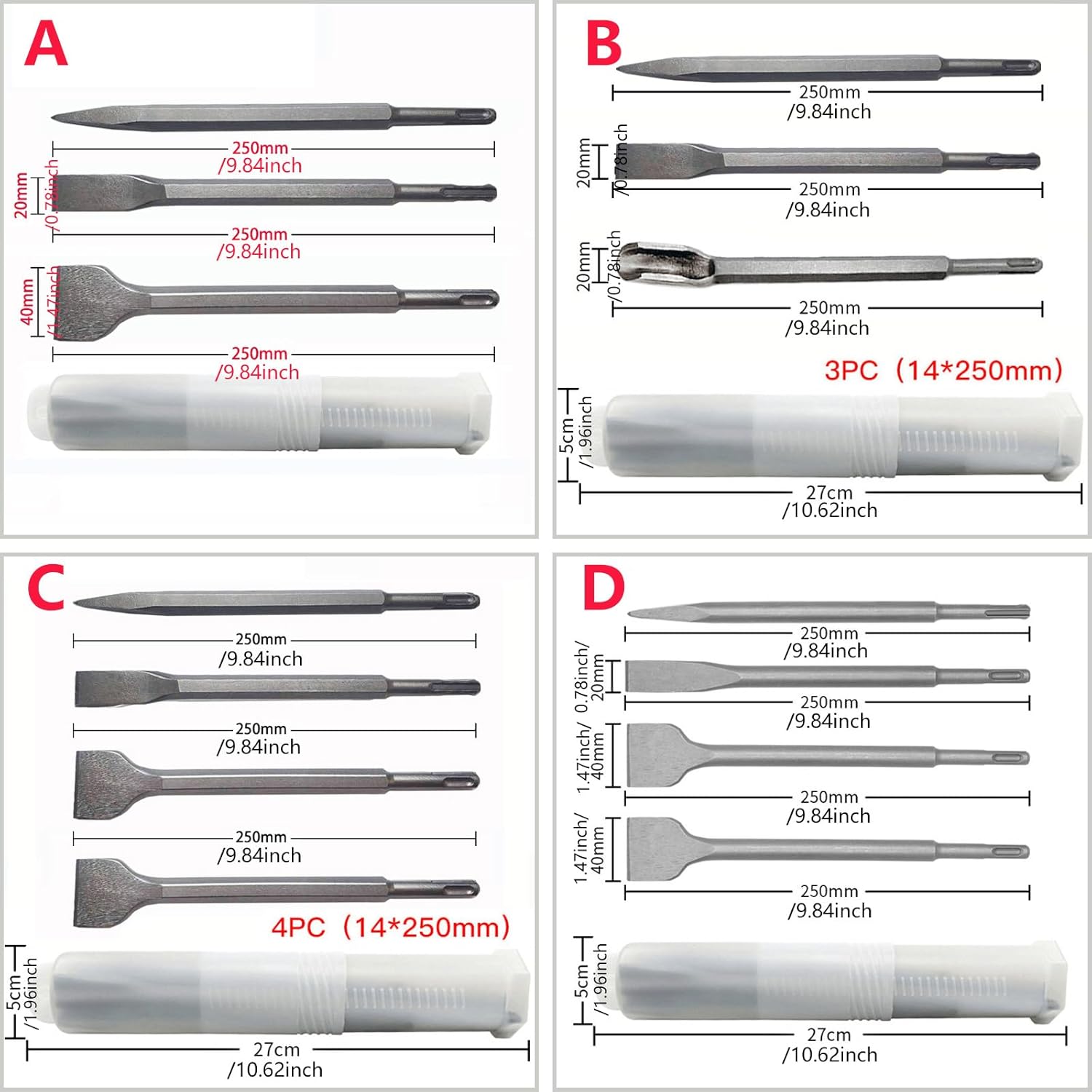 3/4Pcs Chisels Set Electric Hammer Drill Bit Point Grooved Flat Chisels Hand Tool for Concrete Brick Wall Rock Accessories Professional Construction