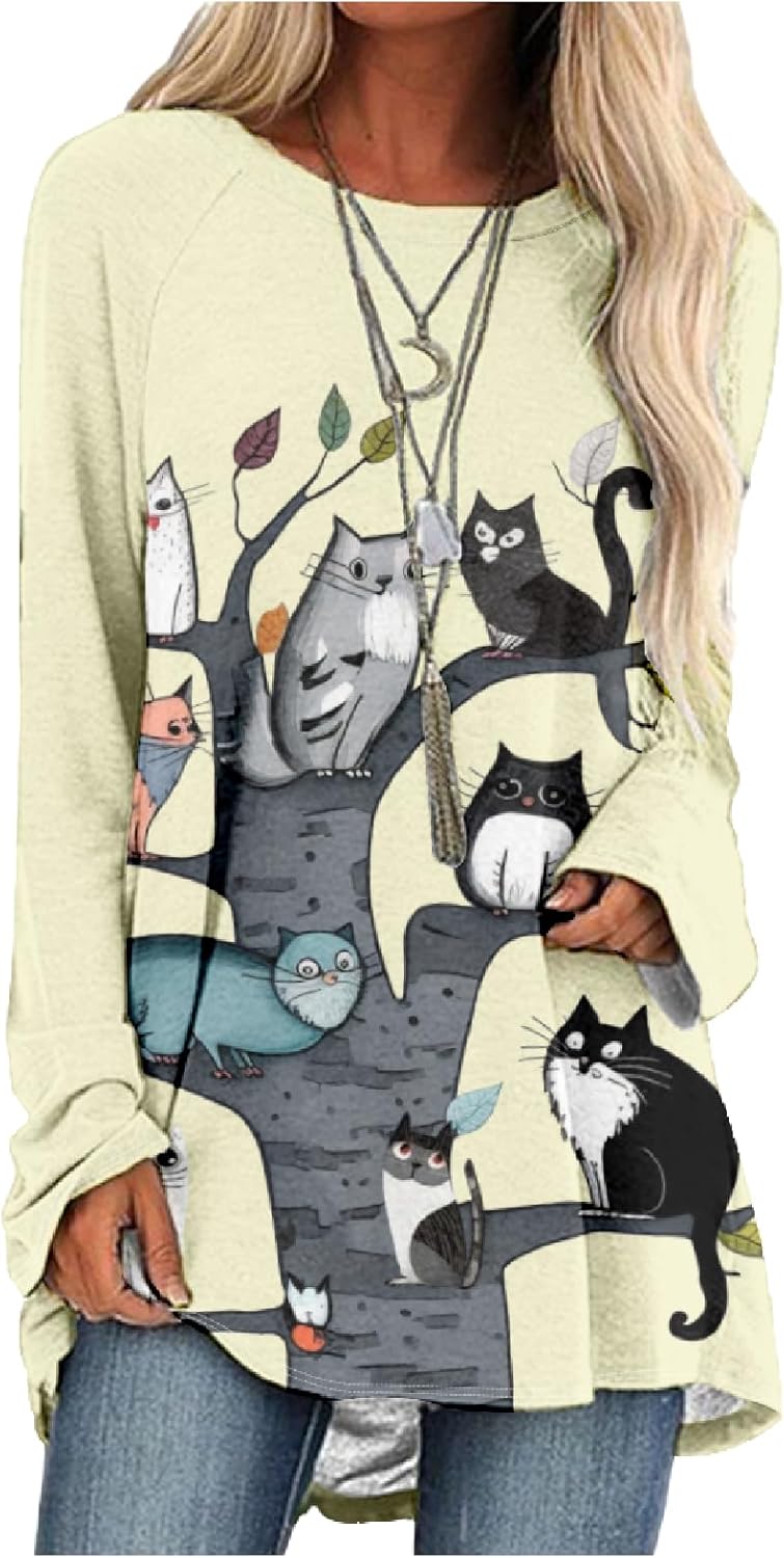 MARSVOVO Women's Long Sleeve Cat Sweatshirt Pullover Cute Cats Lover 3D Graphic Sweatshirts Crewneck Casual Loose Shirts
