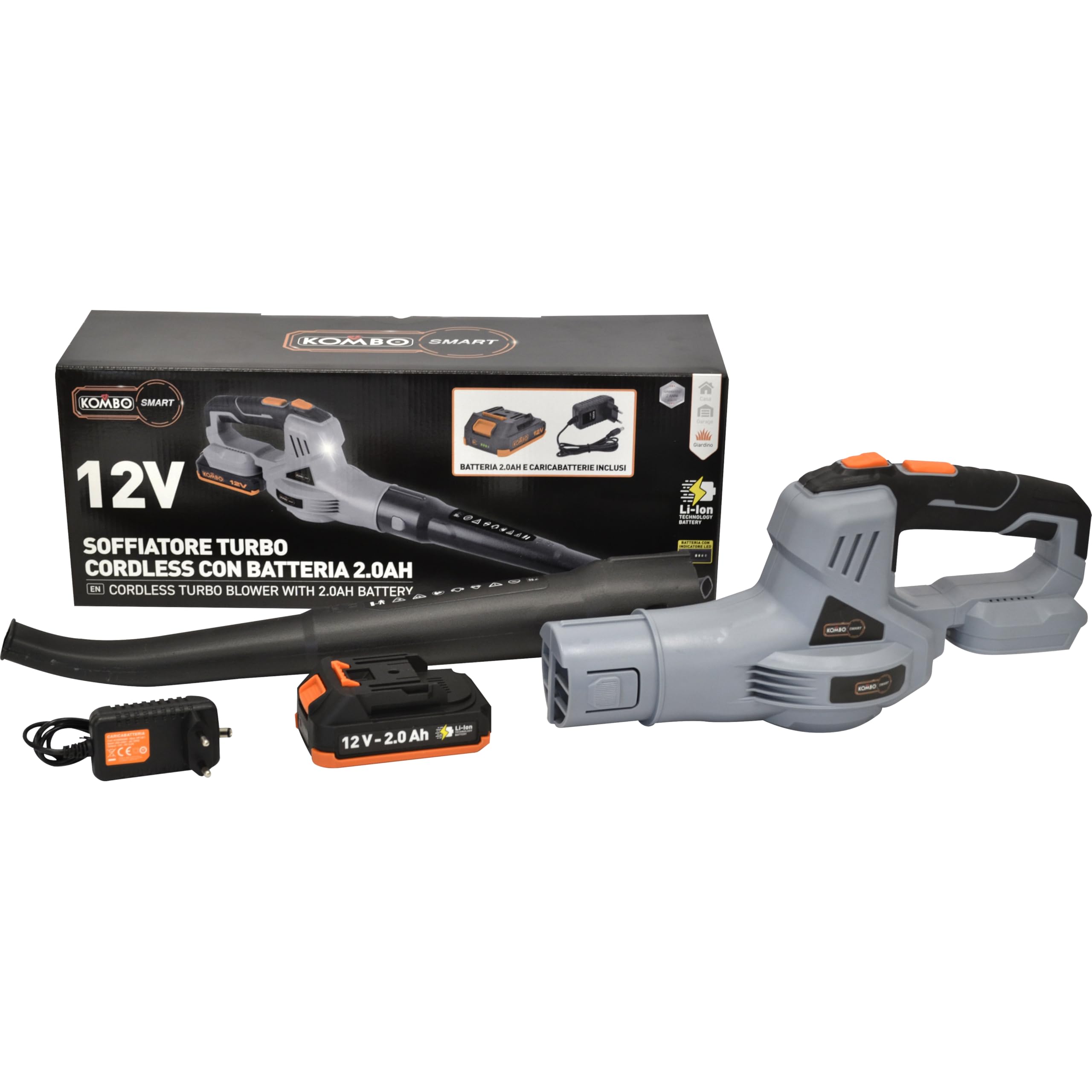 KOMBO SMART - Soffiatore 12V con Batteria 2.0Ah, Doppia Velocità ECO/TURBO, Ergonomico e Compatto, con Batteria e Caricatore inclusi