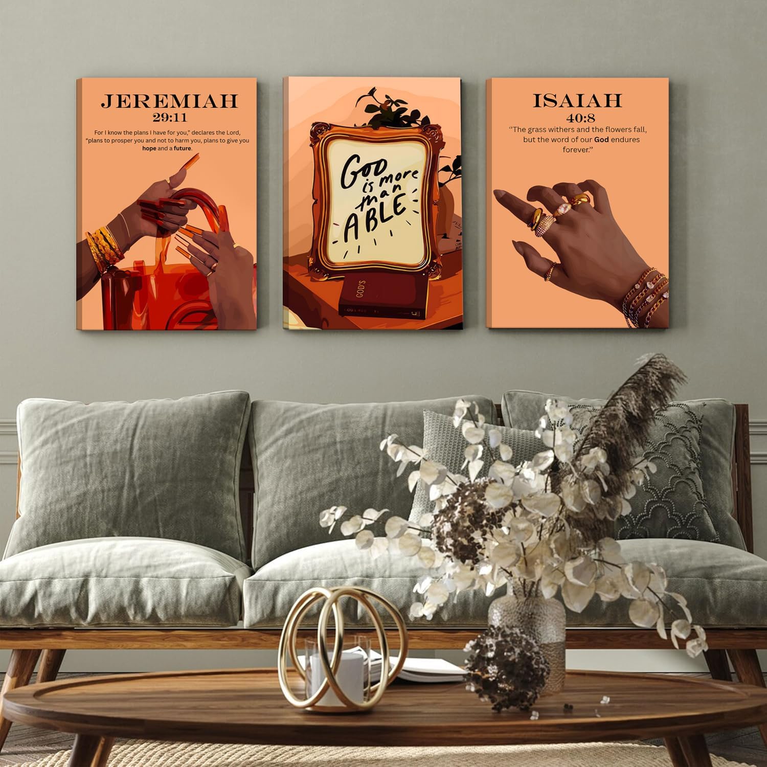 KBIERQN 3Pcs Trendy Black Girl Canvas Wall Art Christian Black Woman Poster Prints Fashion African American Female Pictures Scripture Jeremiah 29:11 Isaiah 40:8 Religious Wall Decor 12x16In Framed