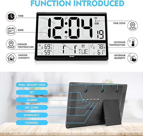 Miniatura 4 de Reloj atómico DOVEET-Reloj de pared digital que nunca necesita configuración fácil de leer fácil de configurar temperatura interior y exterior