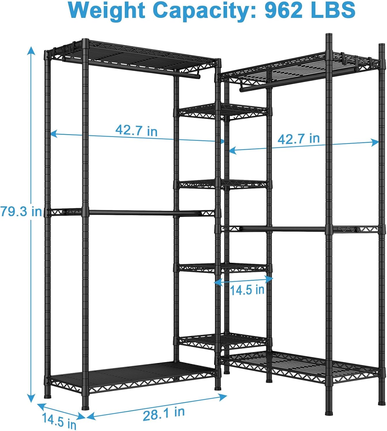 Ulif E4L L-shaped Clothes Rack for Corner, Heavy Duty Freestanding Garment Rack, Metal Clothing Organization Storage System with Shelves and Hangers, Max Load 962lbs, 42.7"W x 42.7"D x 79.3"H, Black