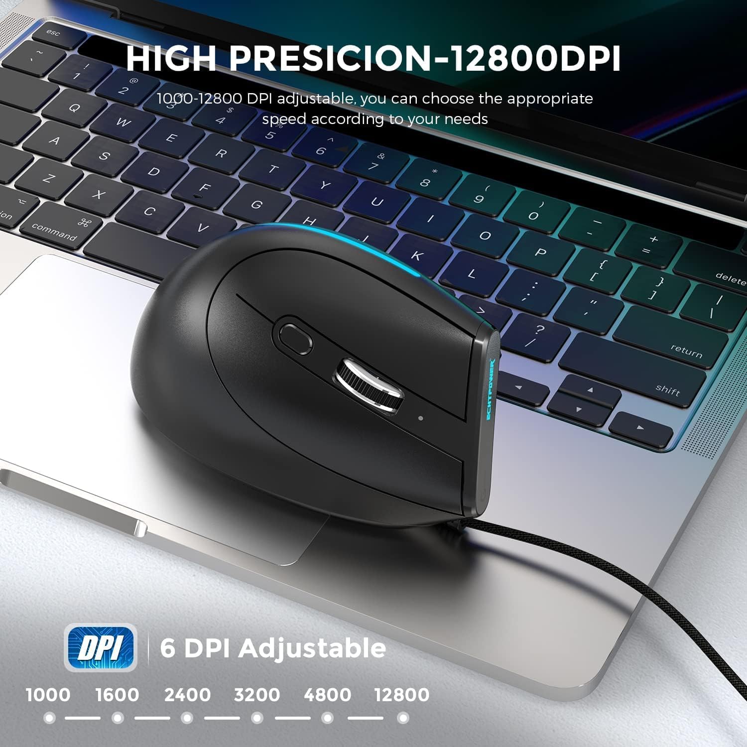 ECHTPower T-50 vertical mouse on a laptop, with a graphic indicating 6 adjustable DPI levels.