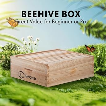 BeeCastle 8 Frame Medium Super Bee Hive Box, Langstroth Honey Bee Hive Include Beehive Frames and Waxed Foundations (Unassembled)