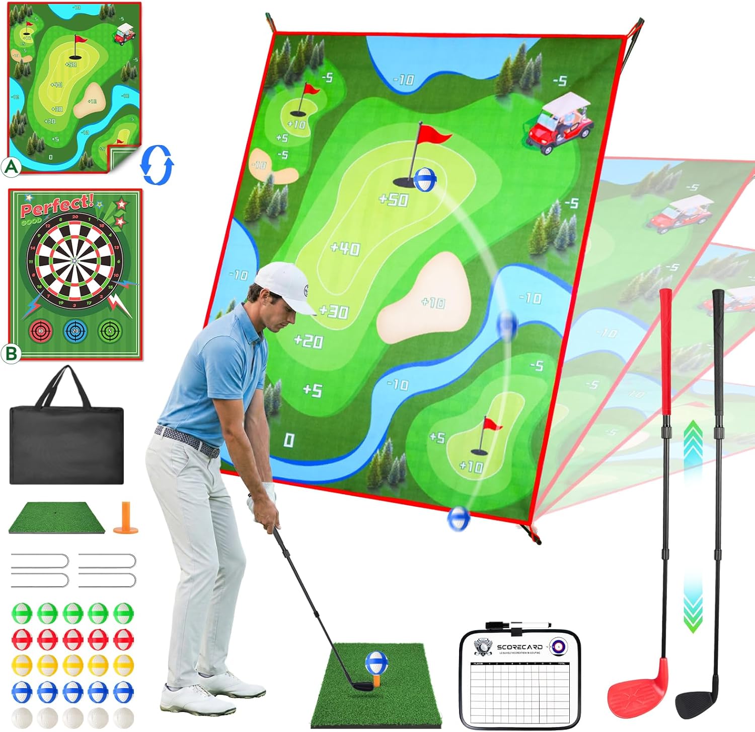 2-in-1 Golf Chipping Game Set, 4.5 x 6 FT Double-Sided Practice Mat with Oversize & Standard Adjustable Golf Clubs, Sticky Balls for Indoor Outdoor Backyard, Great Gift for Adults, Juniors & Beginners