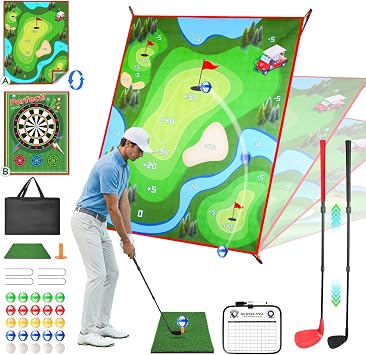 2-in-1 Golf Chipping Game Set, 4.5 x 6 FT Double-Sided Practice Mat with Oversize & Standard Adjustable Golf Clubs, Sticky Balls for Indoor Outdoor Backyard, Great Gift for Adults, Juniors & Beginners