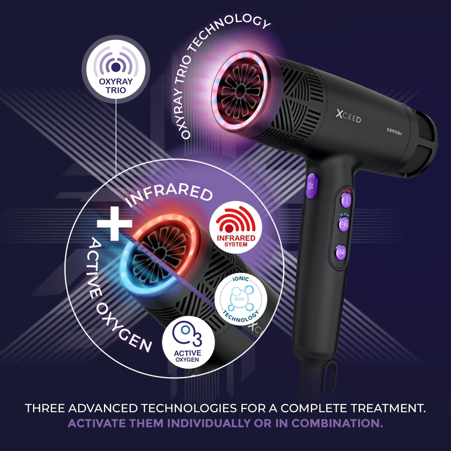 Gamma+ XCEED Asciugacapelli Professionale con Ossigeno Attivo, Infrarossi e Ioni Negativi | Phon Leggero 300 gr | Asciugatura Rapida | Anti-Crespo | Styling da Parrucchiere a Casa | Design Italiano