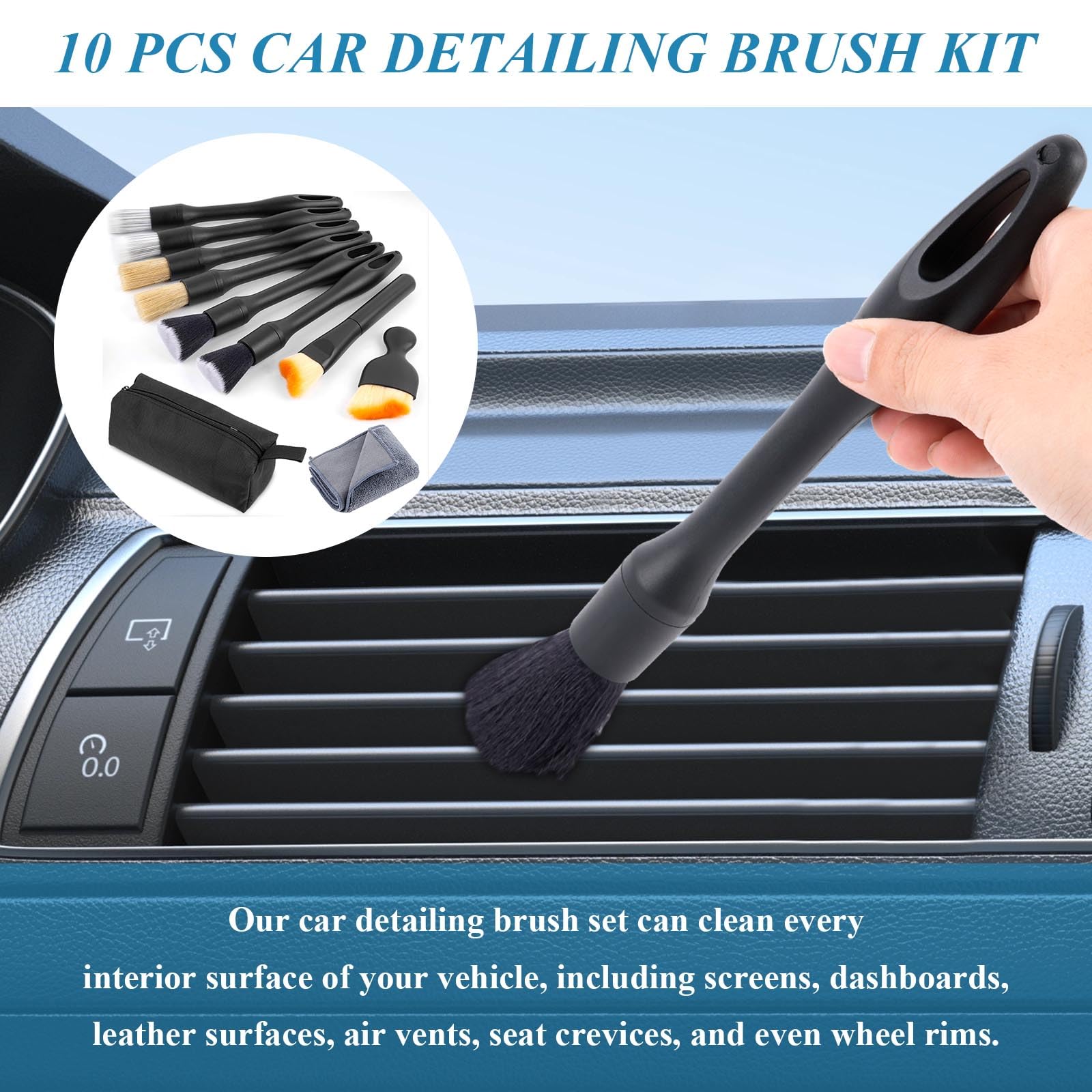 10 Pcs Auto Detailing Set für Innen & Außenreinigung, Ultra Soft Wildschweinhaar Auto Innen Detailing Bürsten, Kratzfreies Auto Reinigungsset für Armaturenbrett, Lüftungsschlitze, Räder